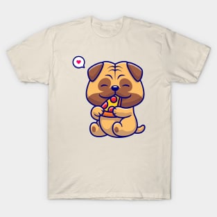 Cute Pug Dog Eating Pizza Cartoon T-Shirt